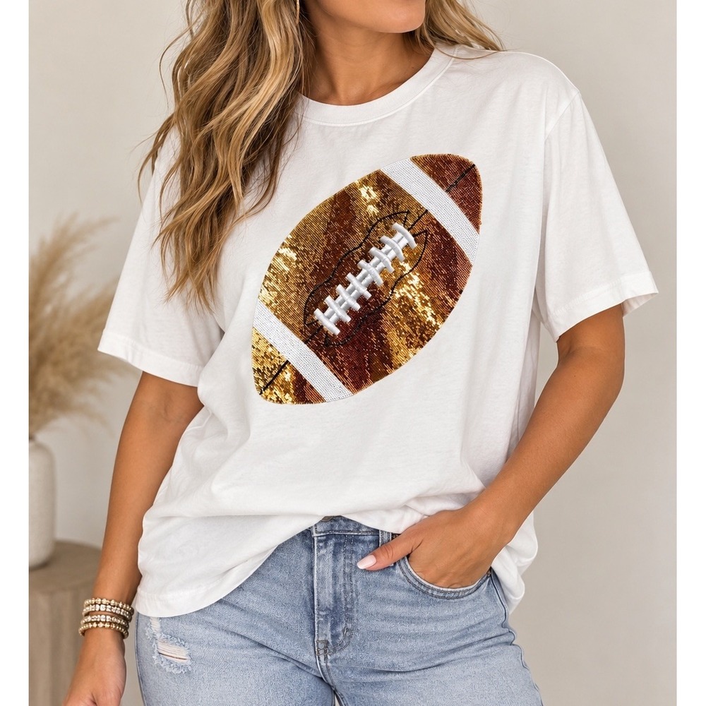 Queen of Sparkles XL Gold Sequin Football Tee White Game Day Shirt